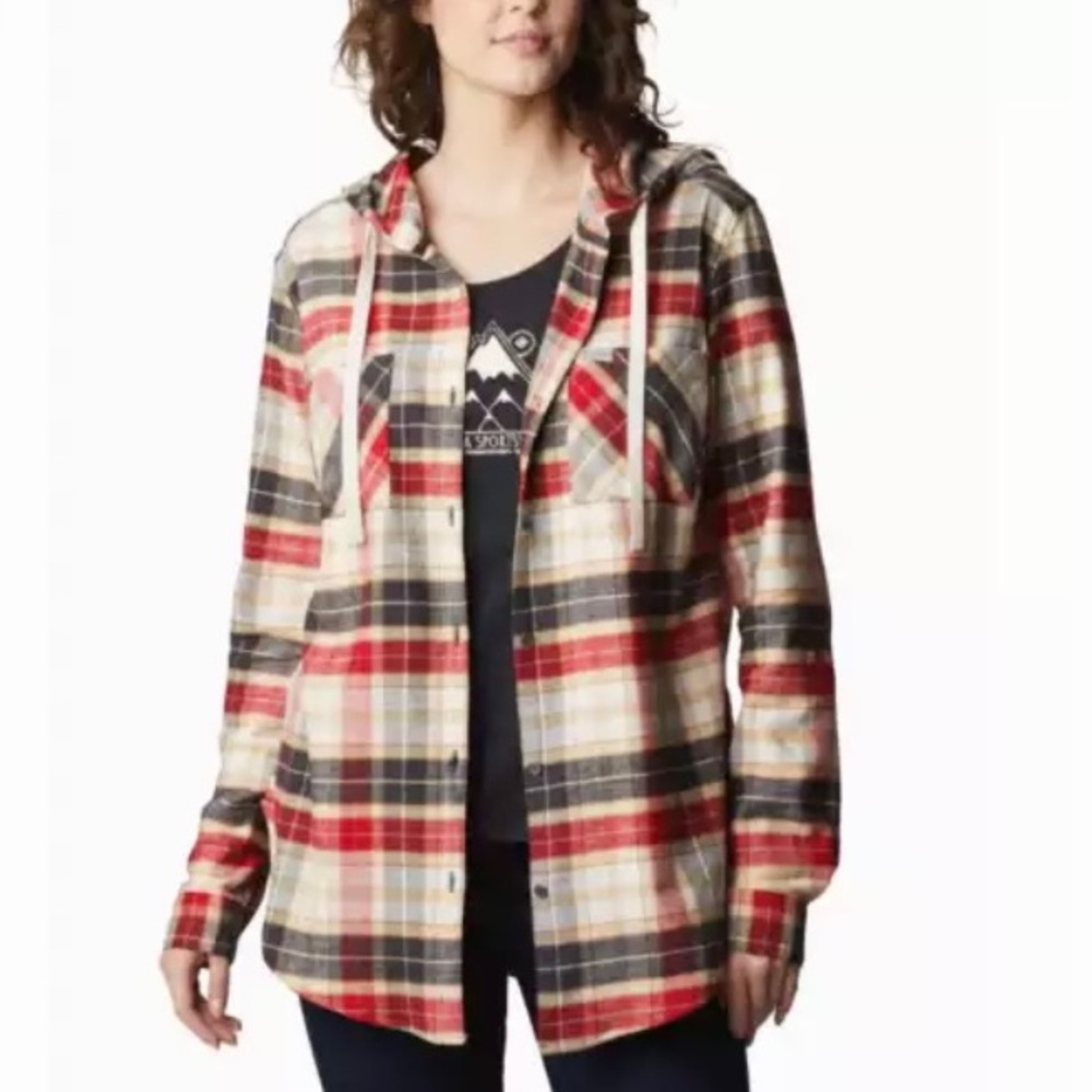 COLUMBIA hooded long sleeve plaid drawstring shirt women Size 1X